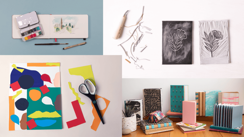 Painting, drawing, and other art supplies on a table
